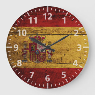 Reloj Redondo Grande Bandera de España en grano de madera vieja