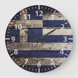 Reloj Redondo Grande Bandera de Grecia en grano de madera viejo