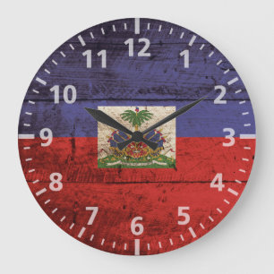 Reloj Redondo Grande Bandera de Haití en grano de madera viejo