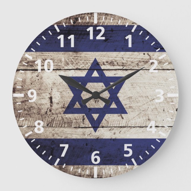 Reloj Redondo Grande Bandera de Israel en grano de madera viejo (Anverso)