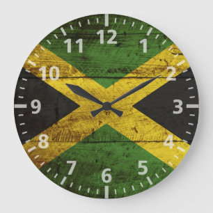 Reloj Redondo Grande Bandera de Jamaica en grano de madera viejo