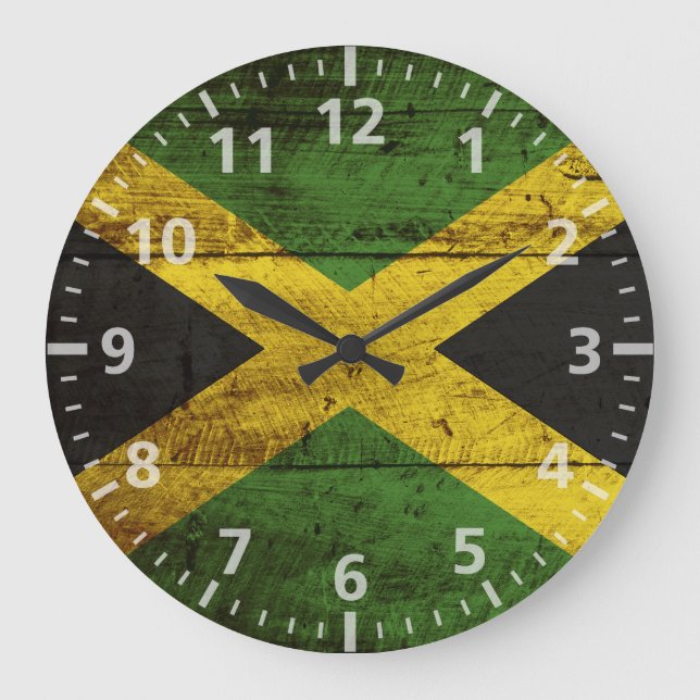 Reloj Redondo Grande Bandera de Jamaica en grano de madera viejo (Anverso)