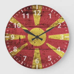 Reloj Redondo Grande Bandera de Macedonia en grano de madera vieja
