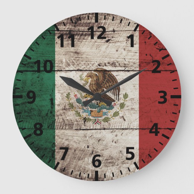 Reloj Redondo Grande Bandera de México en grano de madera vieja (Anverso)