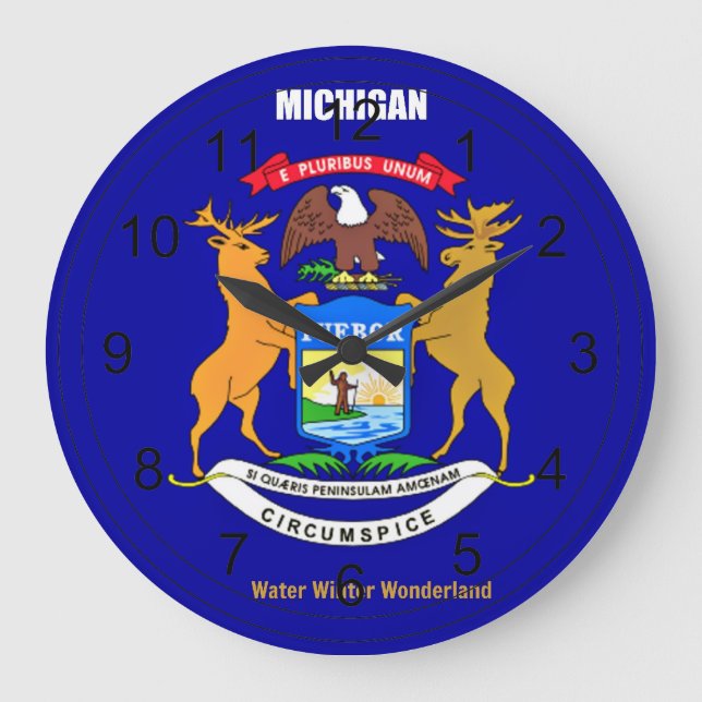 Reloj Redondo Grande Bandera de Michigan y eslogan (Anverso)