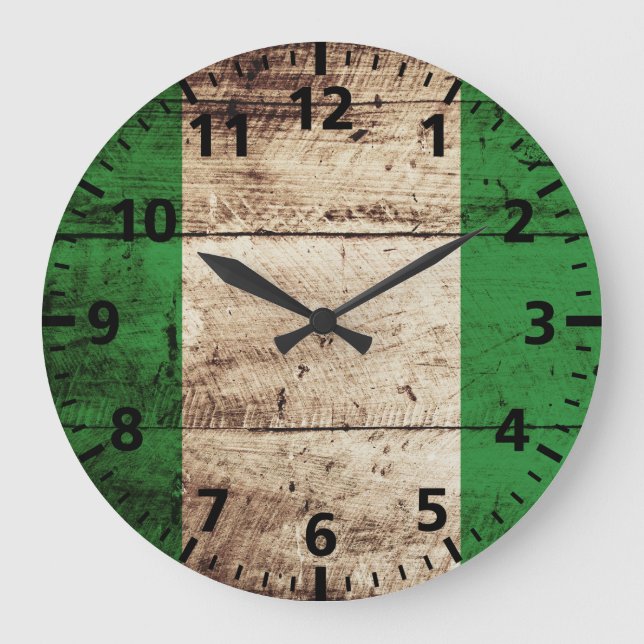 Reloj Redondo Grande Bandera de Nigeria en grano de vieja madera (Anverso)