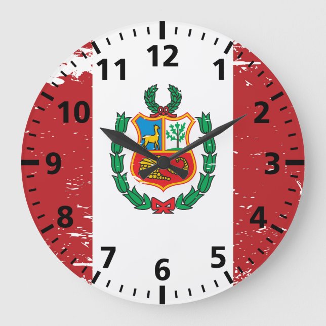 Reloj Redondo Grande Bandera de Perú del Grunge (Anverso)