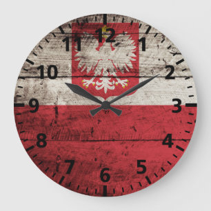 Reloj Redondo Grande Bandera de Polonia en grano de madera vieja