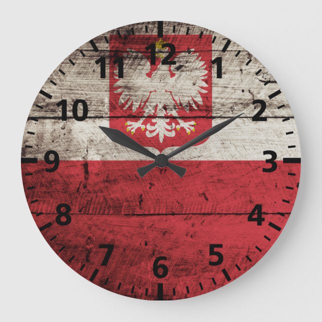 Reloj Redondo Grande Bandera de Polonia sobre grano de madera vieja (Anverso)