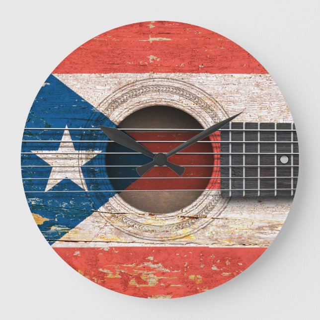 Reloj Redondo Grande Bandera de Puerto Rico en vieja guitarra acústica (Anverso)