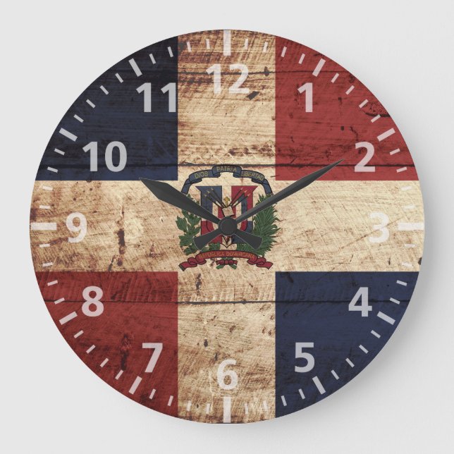 Reloj Redondo Grande Bandera de República Dominicana en grano de madera (Anverso)