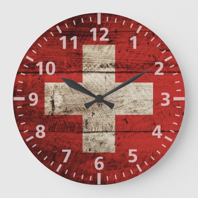 Reloj Redondo Grande Bandera de Suiza en grano de madera viejo (Anverso)