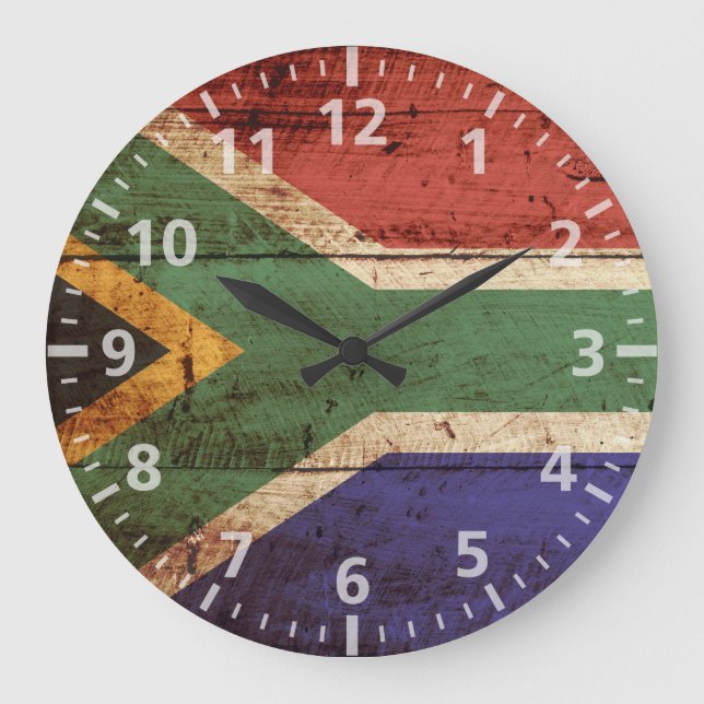 Reloj Redondo Grande Bandera de Suráfrica en grano de madera viejo (Anverso)