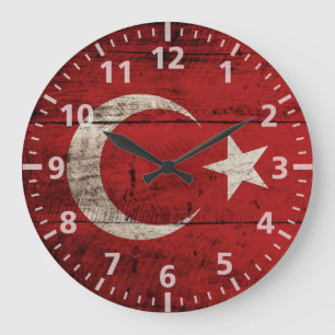 Reloj Redondo Grande Bandera de Turquía en grano de madera viejo