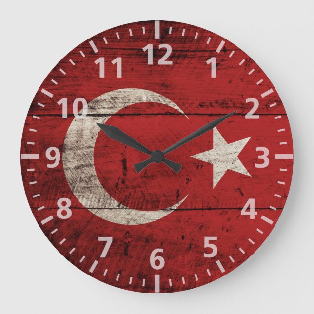 Reloj Redondo Grande Bandera de Turquía en grano de vieja madera (Anverso)