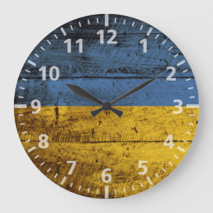 Reloj Redondo Grande Bandera de Ucrania en grano de madera vieja