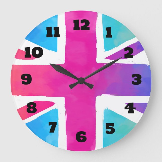 Reloj Redondo Grande Bandera de Union Jack en acuarelas brillantes (Anverso)
