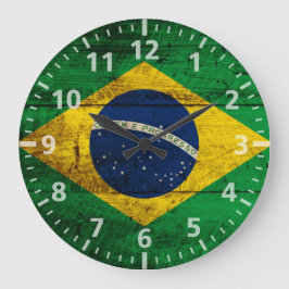 Reloj Redondo Grande Bandera del Brasil en grano de madera viejo