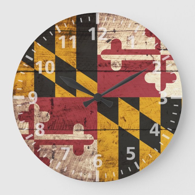 Reloj Redondo Grande Bandera del estado de Maryland en grano de madera (Anverso)