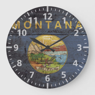 Reloj Redondo Grande Bandera del estado de Montana en grano de madera v