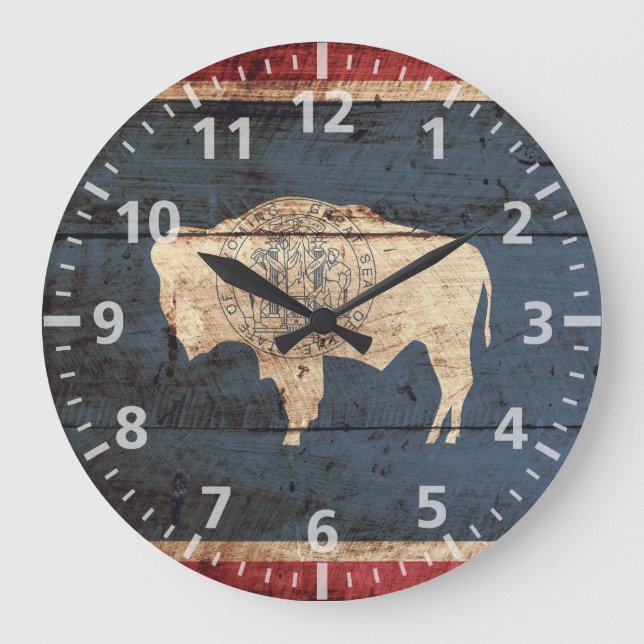 Reloj Redondo Grande Bandera del estado de Wyoming en grano de madera v (Anverso)