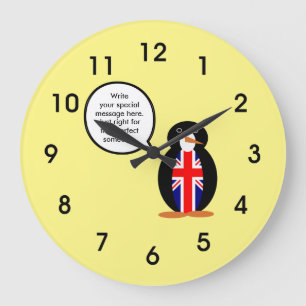 Reloj Redondo Grande Bandera del Reino Unido hablando Sra. Penguin