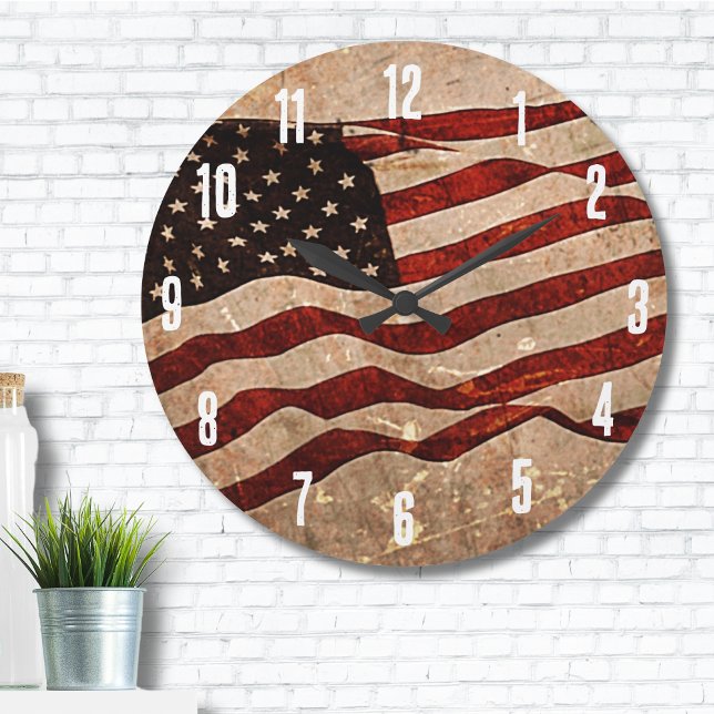 Reloj Redondo Grande Bandera estadounidense de época (United States Patriotic USA Rustic American Flag Large Clock)