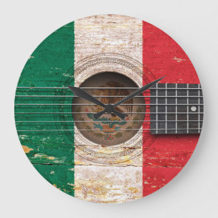 Reloj Redondo Grande Bandera mexicana en la guitarra acústica vieja