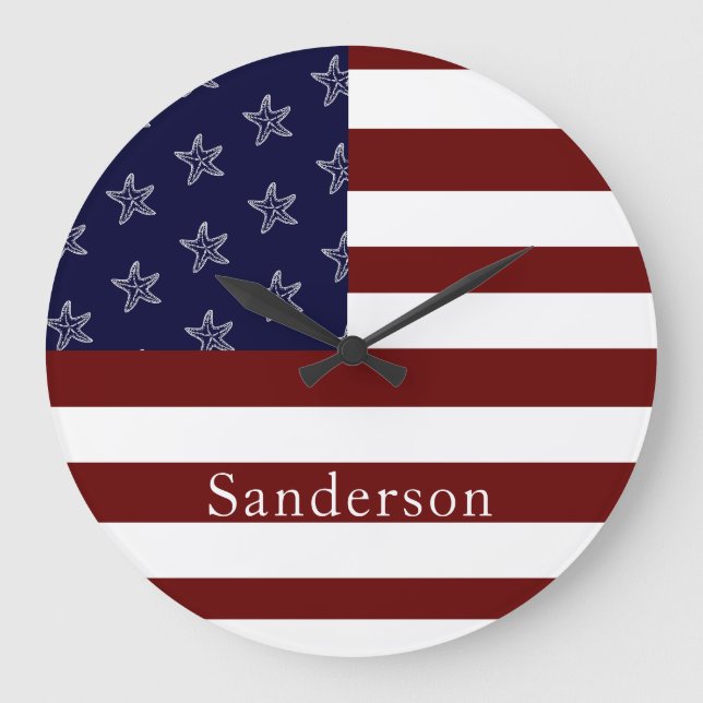 Reloj Redondo Grande Bandera Náutica Americana Red White Blue Starfish (Anverso)