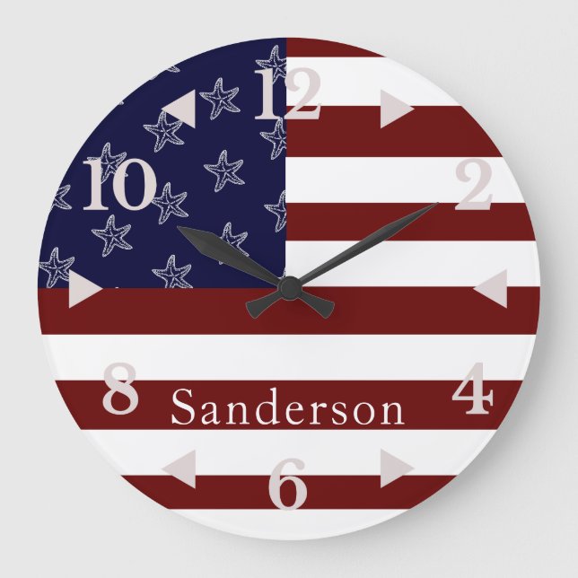 Reloj Redondo Grande Bandera Náutica Americana Red White Blue Starfish (Anverso)