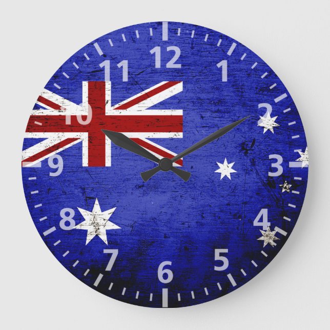 Reloj Redondo Grande Bandera negra de Australia del Grunge (Anverso)