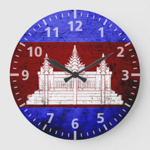 Reloj Redondo Grande Bandera negra de Camboya del Grunge