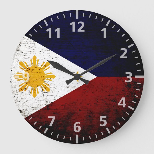 Reloj Redondo Grande Bandera negra de Filipinas del Grunge (Anverso)