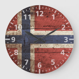 Reloj Redondo Grande Bandera noruega en grano de madera vieja