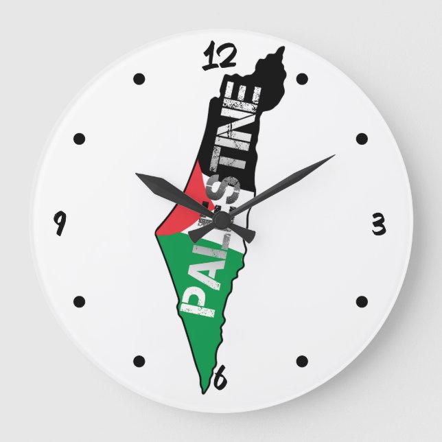 Reloj Redondo Grande Bandera Palestina Libre en el mapa de Palestina (Anverso)
