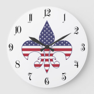 Reloj Redondo Grande Bandera Patriótica Americana Fleur-de-lis