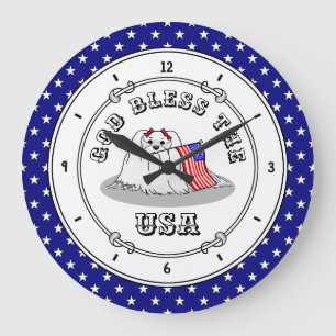 Reloj Redondo Grande Bandera Patriótica Americana Perro Maltés de Estad