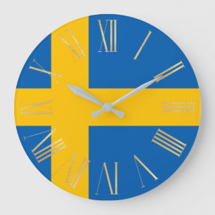 Reloj Redondo Grande Bandera Sueca con Números Romanos Dorados