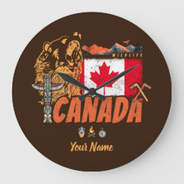 Reloj Redondo Grande Bandera vintage de Canadá y recuerdo de oso pardo