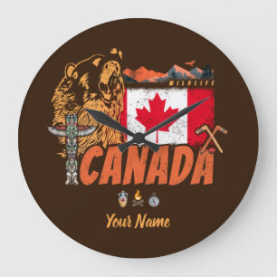 Reloj Redondo Grande Bandera vintage de Canadá y recuerdo de oso pardo