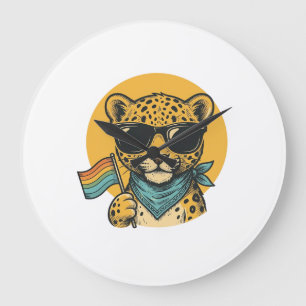 Reloj Redondo Grande Bandera vintage del orgullo del leopardo arcoíris 