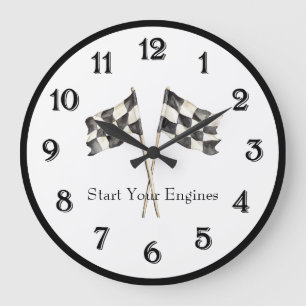 Reloj Redondo Grande Banderas de coche de carreras de Black White Racin