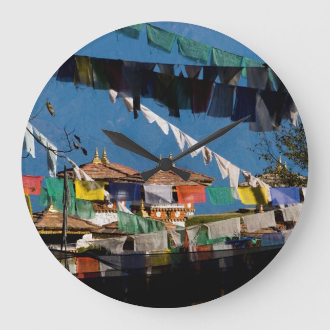 Reloj Redondo Grande Banderas de oración y chortens (Anverso)