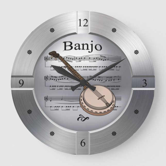 Reloj Redondo Grande Banjo ~ Hoja de música ~ Color plateado ~ (Anverso)