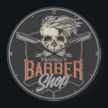 Reloj Redondo Grande Barbería personalizada Hipster Skull y Razors<br><div class="desc">Barber Shop de Hipster Skull y Razors,  con esqueleto de hipster barbudo y diseño recto de afeitar. Personalizar con su nombre o texto Personalizado.</div>