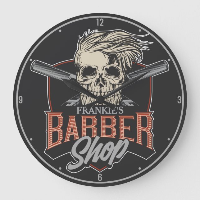 Reloj Redondo Grande Barbería personalizada Hipster Skull y Razors (Anverso)