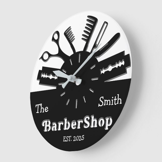 Reloj Redondo Grande Barbershop personalizado (Ángulo)
