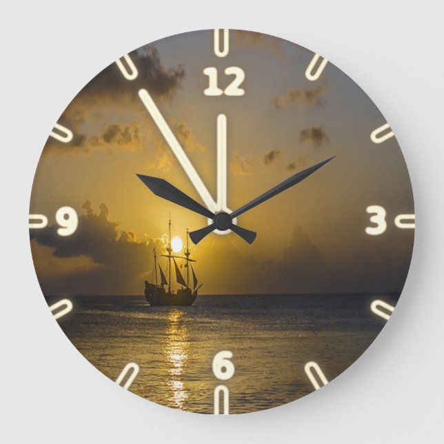 Reloj Redondo Grande Barco Adorable Moderno Al Amanecer (Anverso)