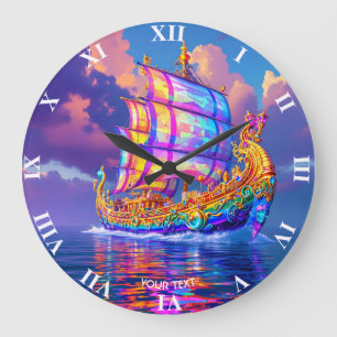 Reloj Redondo Grande Barco de colores de arcoiris bandidos con fantasía