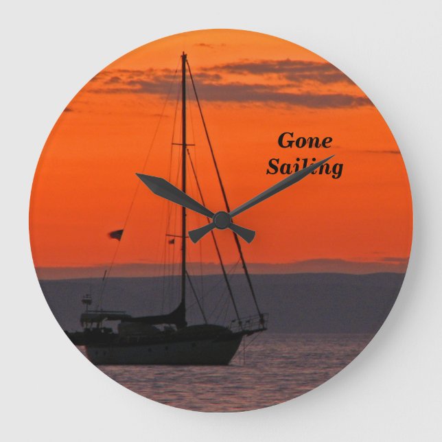 Reloj Redondo Grande Barco de vela en Sunset Clock, Naranja Sky (Anverso)